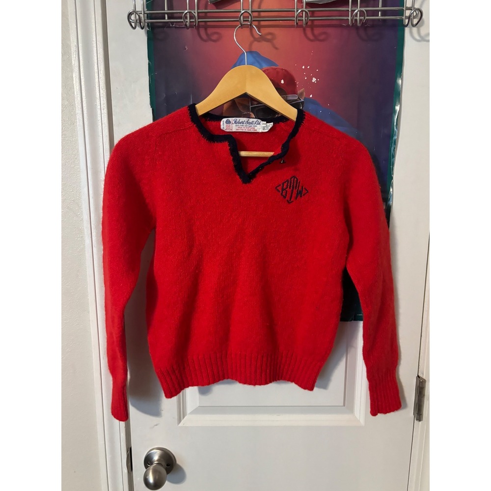 Vintage Robert Scott Ltd Red Shetland Wool Monogram Sweater Size 38 70s